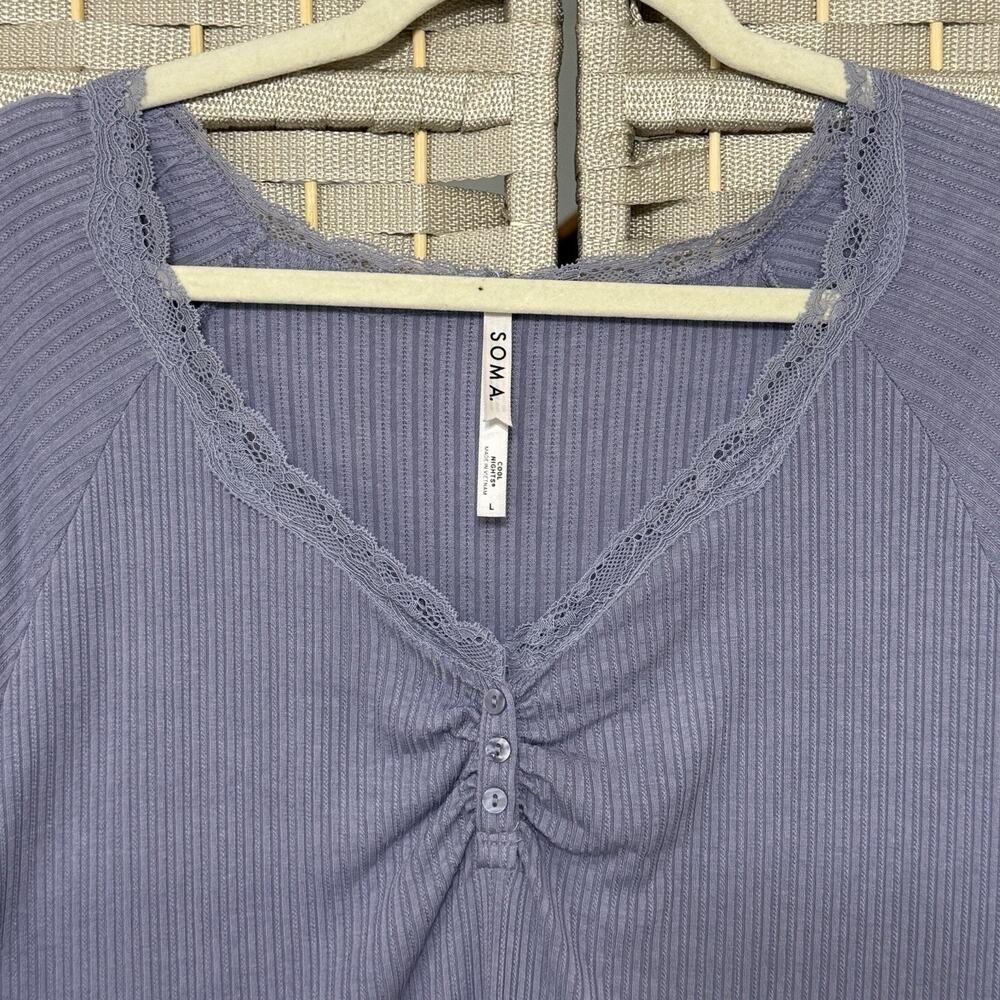 Soma Cool Nights Ribbed Pajama Top Set of 2 Size L Lilac Gray Lace Trim Henley - Picture 5 of 11